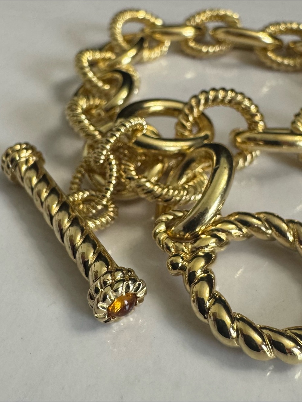 Judith Ripka SS Gold Textured Link Toggle Bracelet w/Peridot Gem Clasp - Picture 8 of 11